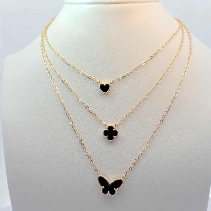 14k Layers Heart Clover And Butterfly Necklace